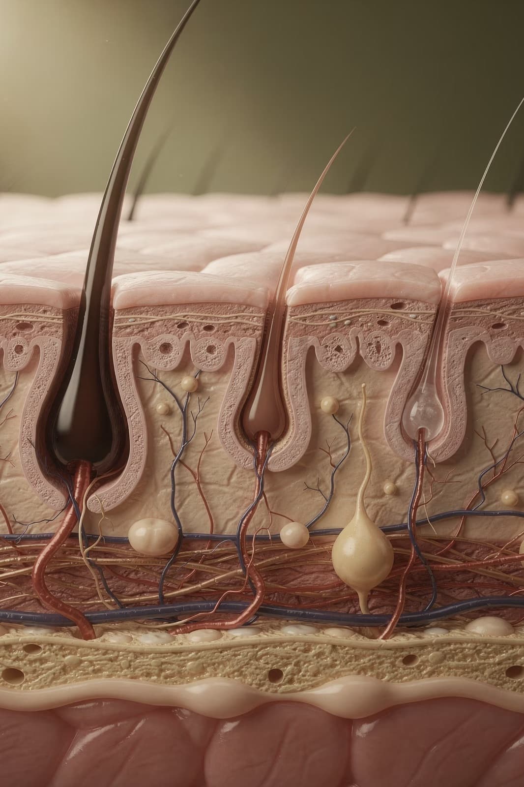 Detailed medical cross-section of skin showing hair follicles, dermal layers, and vascular structures.