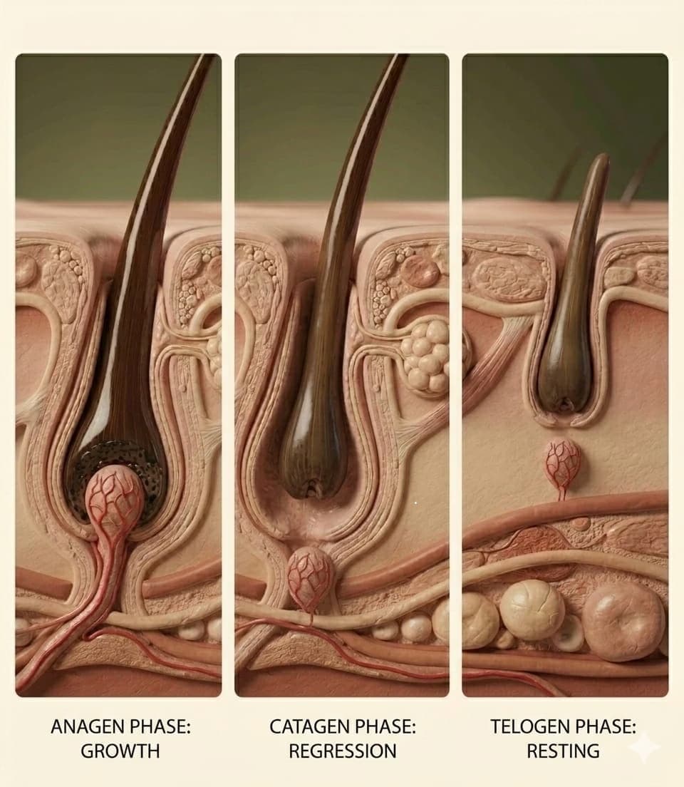 Medical illustration of the hair growth cycle showing anagen, catagen, and telogen follicular phases.